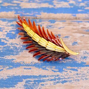 Vintage Intricate Red Leaf Gold Tone Brooch by PIM - L32